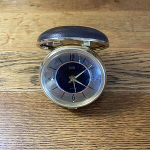 Vintage Elgin Wind Up Travel Alarm Clock Round Brown Case Working Japan
